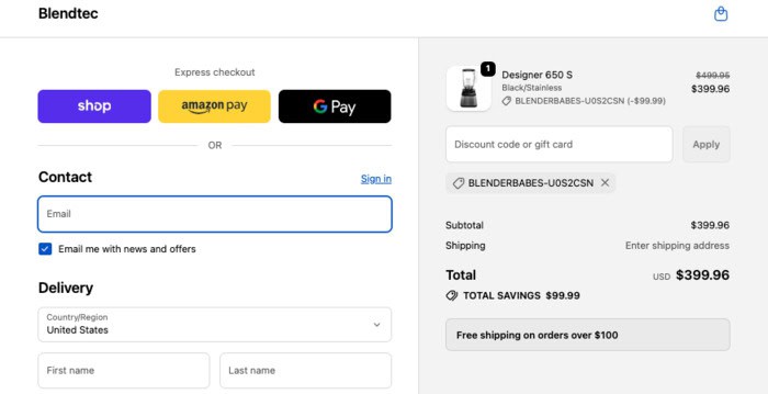 Blendtec checkout showing the BLENDERBABES promo code discount automatically applied during checkout.