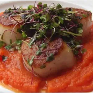 Pan Seared Scallops with Carrot Puree by Valerie Cogswell via @BlenderBabes