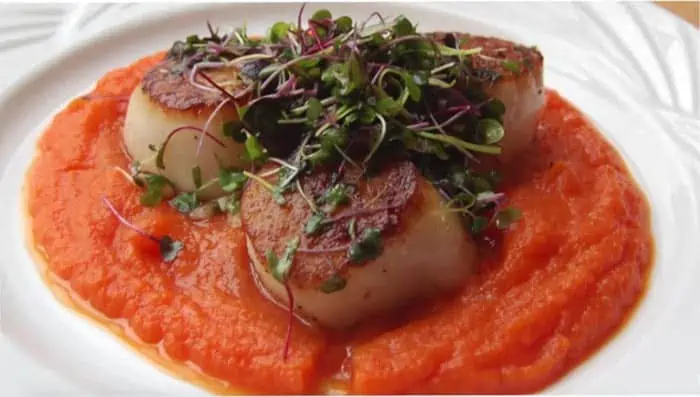 Pan Seared Scallops with Carrot Puree by Valerie Cogswell via @BlenderBabes