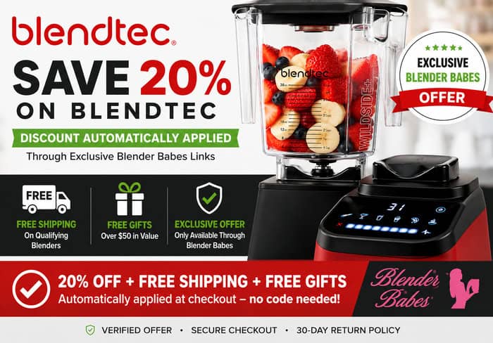 Blendtec promo code discount offer with 20 percent off, free shipping, and free gifts through Blender Babes.