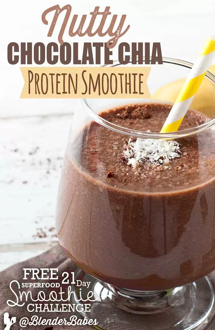 Nutty Chocolate Chia Protein Smoothie Recipe By Blender Babes #blenderbabes #chocolatesmoothie # proteinsmoothie 